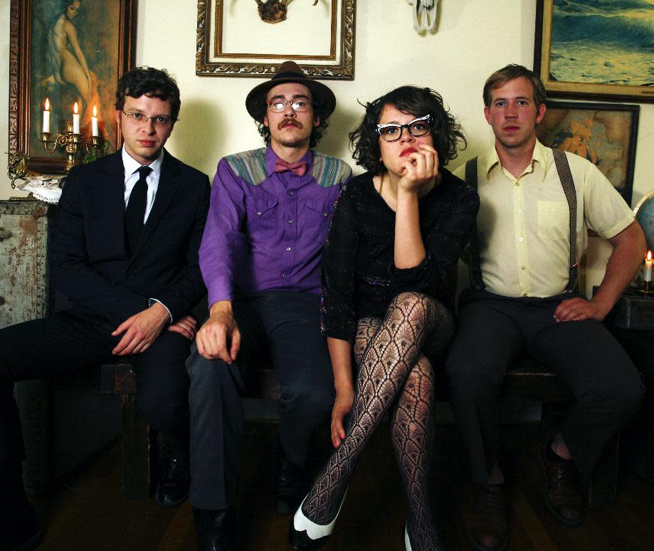 This undated publicity photo released by Partisan Records shows, from left, Ford Tennis, Jeffrey Munger, Sallie Ford and Tyler Tornfelt from the band Sallie Ford & The Sound Outside. (AP Photo/Partisan Records,