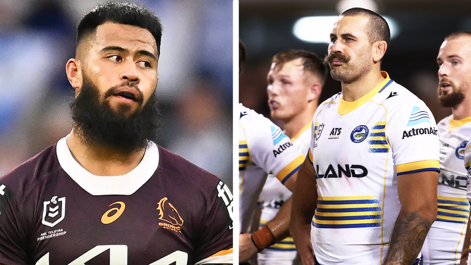 Payne Haas' (pictured left) manager has denied the prop is going anywhere amid reports Reagan Campbell-Gillard (pictured right) could be a target for the Broncos. (Getty Images)