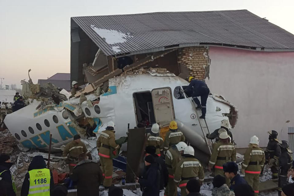 ALMATY, KAZAKHSTAN - DECEMBER 27, 2019: The site of a crash of a Bek Air plane carrying 95 passengers and 5 crew members near Almaty Airport. A Bek Air Fokker 100 passenger plane flying from Almaty to Nur-Sultan has crashed minutes after takeoff, broken through a concrete guardrail and clashed into a two-storey building. The accident has killed at least 14 people, dozens have been injured. The Press Office of the Committee for Emergency Situations of the Kazakhstan Interior Ministry/TASS (Photo by TASS\TASS via Getty Images)