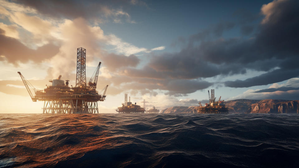 A busy oil & gas rig on the horizon, revealing the depths of the Etame Marin block's activity.