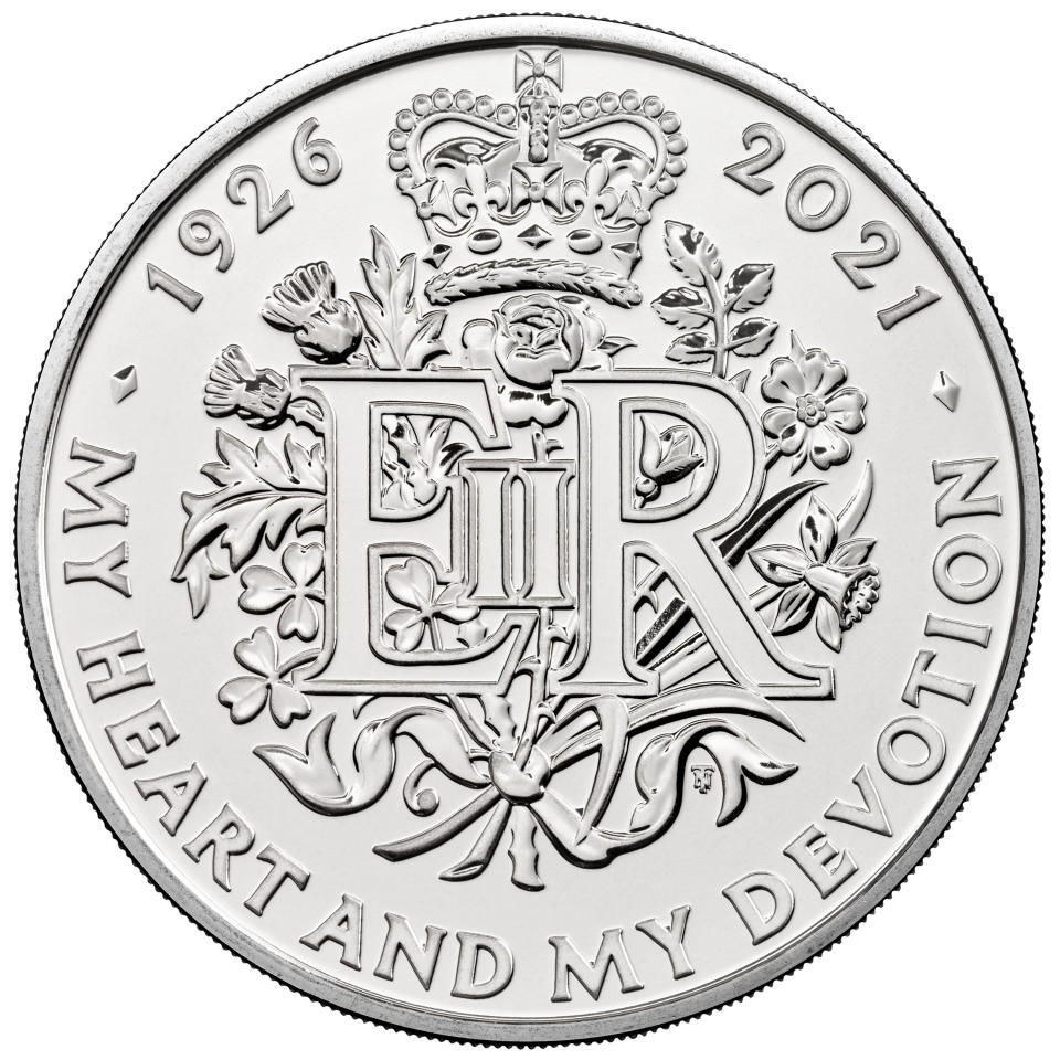 EMBARGOED TO 0001 MONDAY JANUARY 04 Undated handout photo issued by the Royal Mint of a new GBP 5 coin commemorating the 95th birthday of Queen Elizabeth II which is part of a range of new designs that will be appearing on British coins throughout 2021.