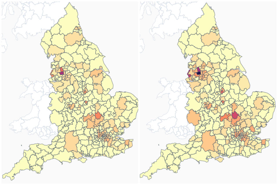 B.1.617.2 prevalence in England as of 1 May, left, and 8 May, right. (Wellcome Sanger Institute)