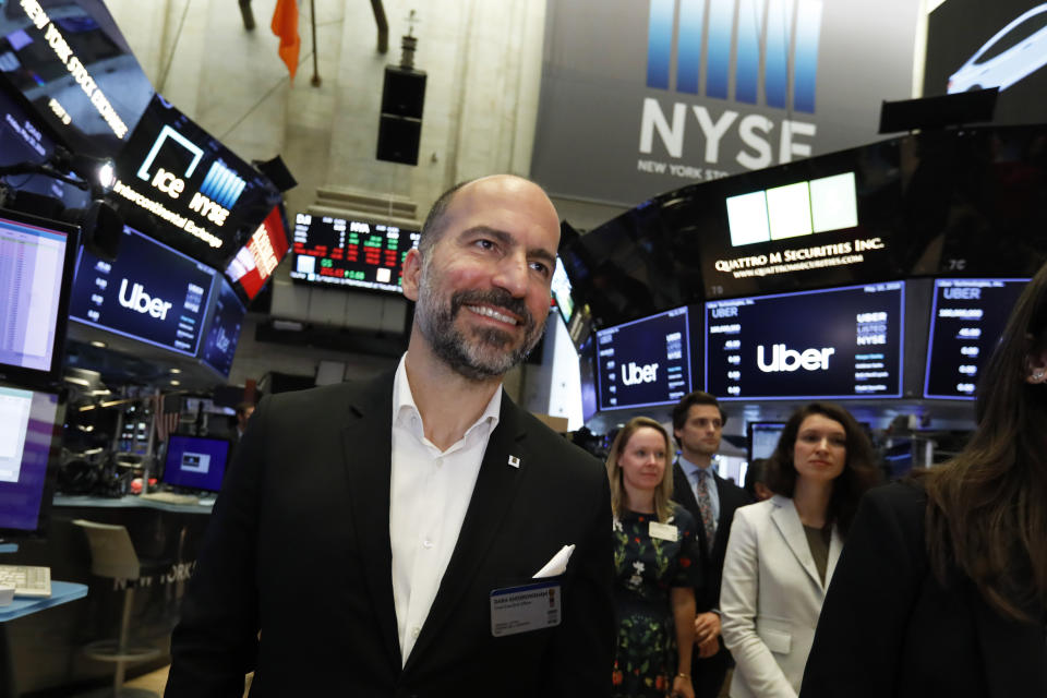Uber CEO Dara Khosrowshahi arrives at the New York Stock Exchange as his company makes its initial public offering, Friday, May 10, 2019. (AP Photo/Richard Drew)