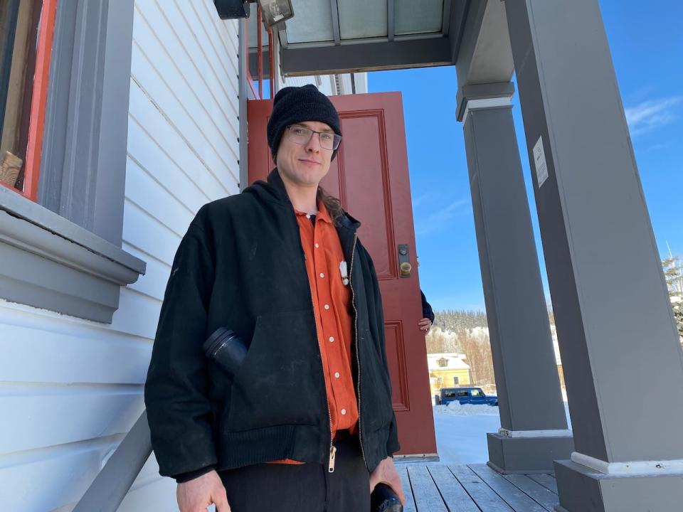 Kane Morgan of Dawson City, Yukon, outside the building that houses Dawson's court room. Morgan was on trial for second-degree murder in the 2018 death of Kevin McGowan, in Dawson City.