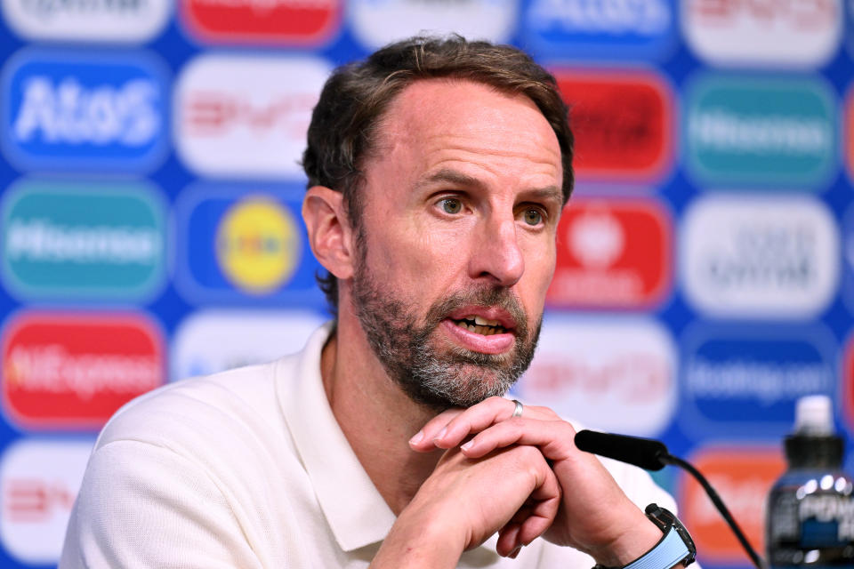 DORTMUND, GERMANY – JULY 10: Gareth Southgate, head coach of England, speaks to the media during a press conference after the UEFA EURO 2024 semi-final match between the Netherlands and England at the Dortmund Football Stadium on July 10, 2024 in Dortmund, Germany. (Photo by Oliver Hardt – UEFA/UEFA via Getty Images)