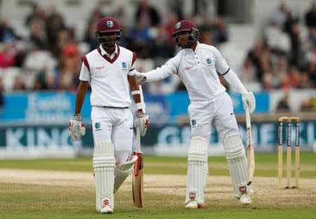 Cricket - England vs West Indies - Second Test - Leeds, Britain - August 29, 2017 West Indies' Kraigg Brathwaite looks dejected after losing his wicket as Shai Hope looks on Action Images via Reuters/Lee Smith