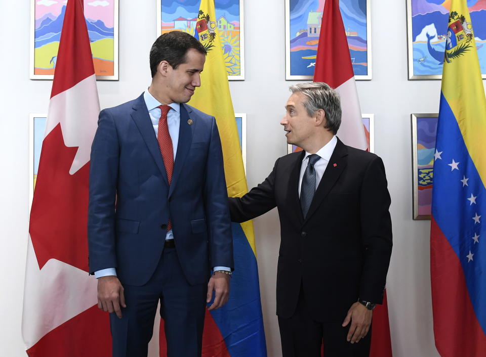 Canada's Minister of Foreign Affairs Francois-Philippe Champagne meets with interim President of Venezuela Juan Guaido in Ottawa, Ontario, Monday, Jan. 27, 2020. (Justin Tang/The Canadian Press via AP)
