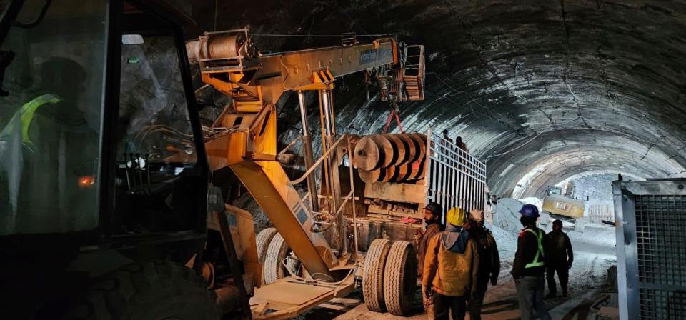 This photo provided by Uttarakhand State Disaster Response Force (SDRF) shows rescue work inside a collapsed road tunnel where 40 workers were trapped in northern in Uttarakhand state, India, Tuesday, Nov.14, 2023.