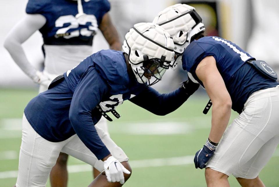 Penn State linebacker Ta’Mere Robinson runs a drill during a spring practice on Tuesday, March 28, 2023.