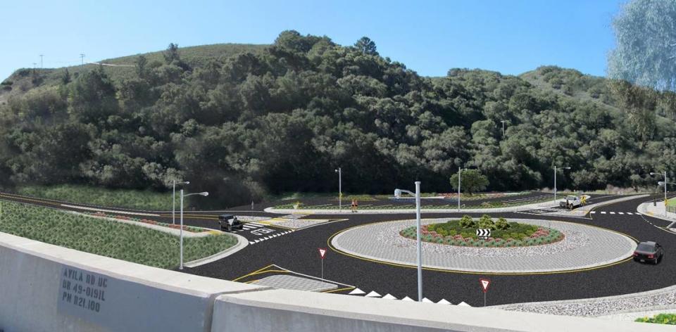 A rendering shows the new roundabout coming to the intersection of Avila Beach Drive and Highway 101. SLO County Public Works