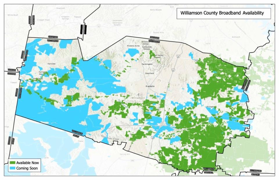 A coverage map of Williamson County indicating areas where United Communications broadband service is currently available, shown in green, and areas of future expansion, shown in blue.