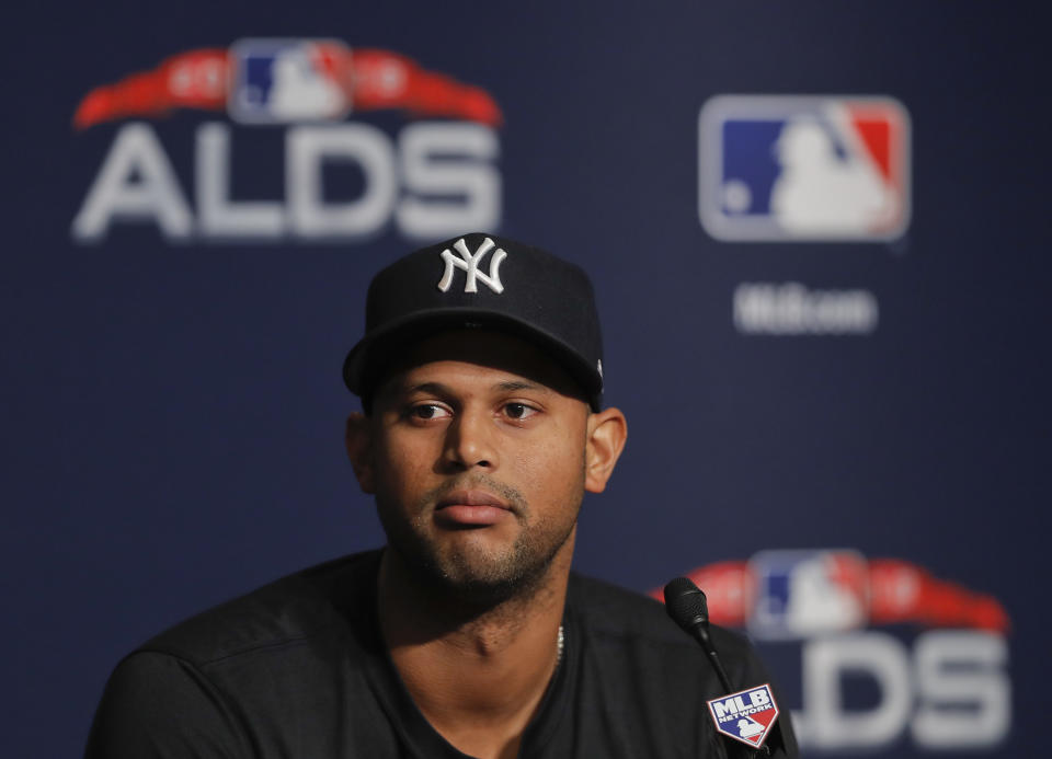 New York Yankees center fielder Aaron Hicks is not in the starting line-up heading into Monday night’s game against the Boston Red Sox. (AP Photo/Julie Jacobson)
