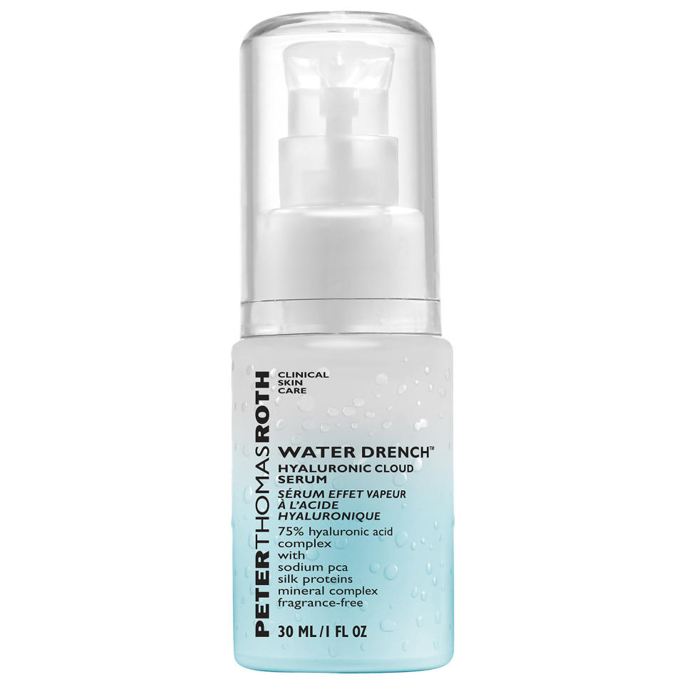 <p>You could give your complexion a drink or you could drench it. If you want to go with the latter to give your skin the ultimate moisture boost, look no furher than Peter Thomas Roth's newest serum. Its infused with 75-percent hyaluronic acid complex to keep skin hydrated by attracting up to 1,000 times its weight in water from moisture in the atmosphere. Impressive, to say the least. </p> <p>$65 | <a rel="nofollow noopener" href="http://www.sephora.com/water-drench-hyaluronic-cloud-serum-P222818" target="_blank" data-ylk="slk:SHOP IT;elm:context_link;itc:0;sec:content-canvas" class="link ">SHOP IT</a></p>
