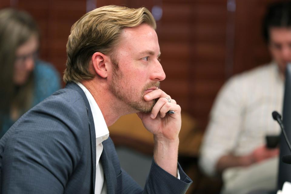 State schools Superintendent Ryan Walters listens during an Oklahoma State Board of Education meeting at the Oliver Hodge Building in Oklahoma City, Thursday, March 28, 2024.