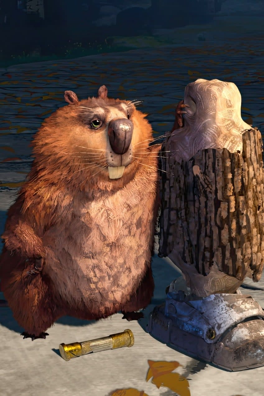 Animated beaver looking at a stone figure on a leaf-covered path