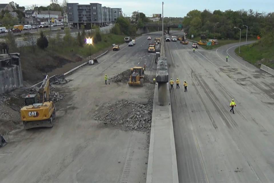 Crews continuing to work on the bridge clean up on Saturday evening. EarthCam