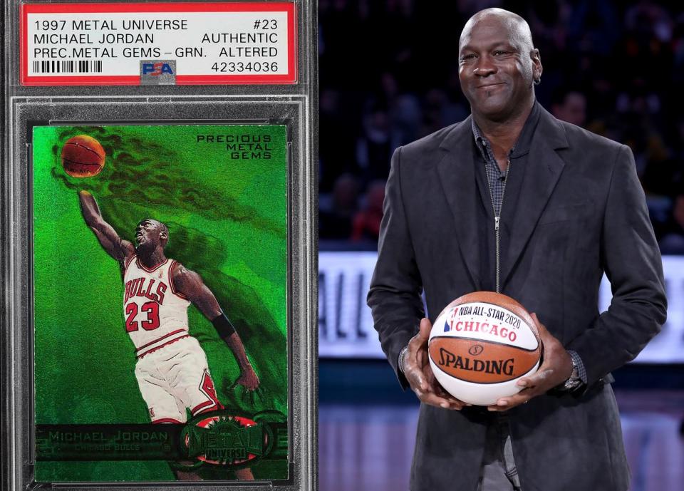 La figurina venduta su eBay a sinistra (foto: PWCC) e Michael Jordan in persona a destra, in una foto recente (Getty Images)