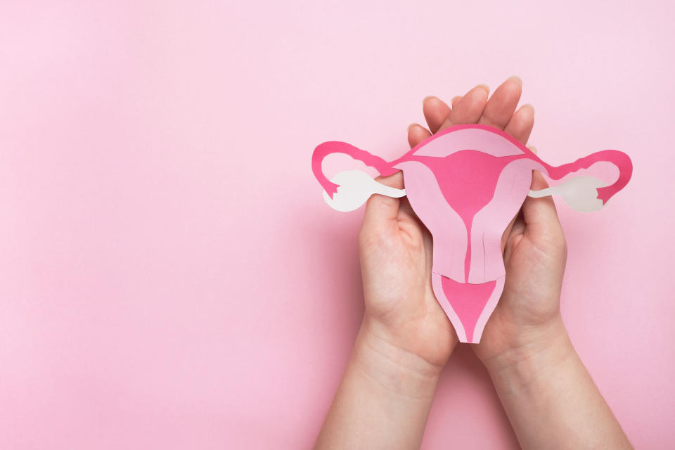 Woman hands holding decorative model uterus on pink background. Top view, copy space