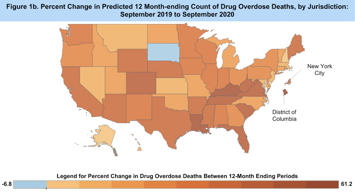 Drug overdose deaths are estimated to have increased by 28.8% for the 12-month period ending in September 2020. (Map: CDC)