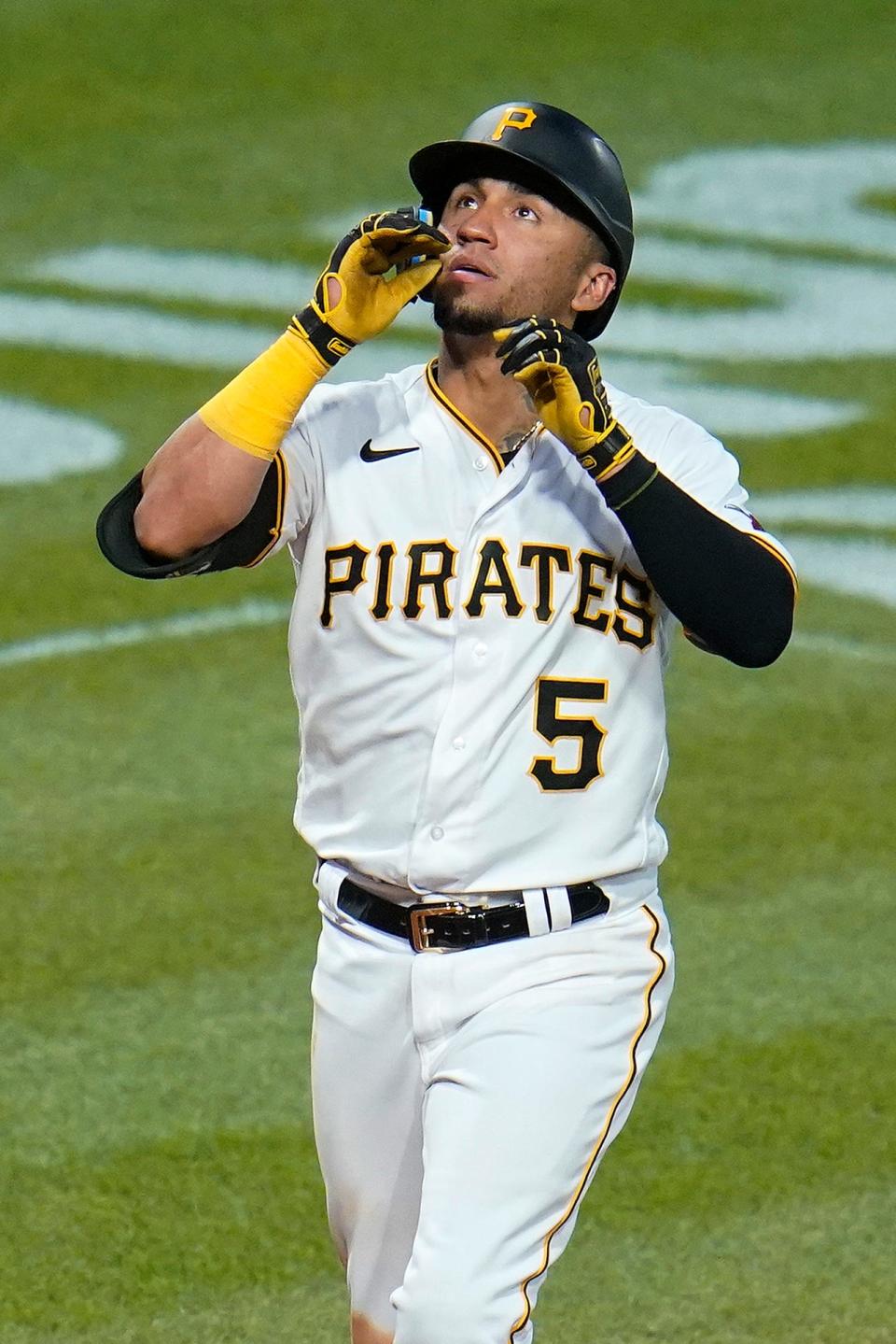 Pittsburgh Pirates' Michael Perez celebrates as he approaches home plate after hitting a two-run home run off Milwaukee Brewers relief pitcher Jason Alexander during the sixth inning of a baseball game in Pittsburgh, Thursday, June 30, 2022. It was the second two-run home run of the game for Perez. (AP Photo/Gene J. Puskar)