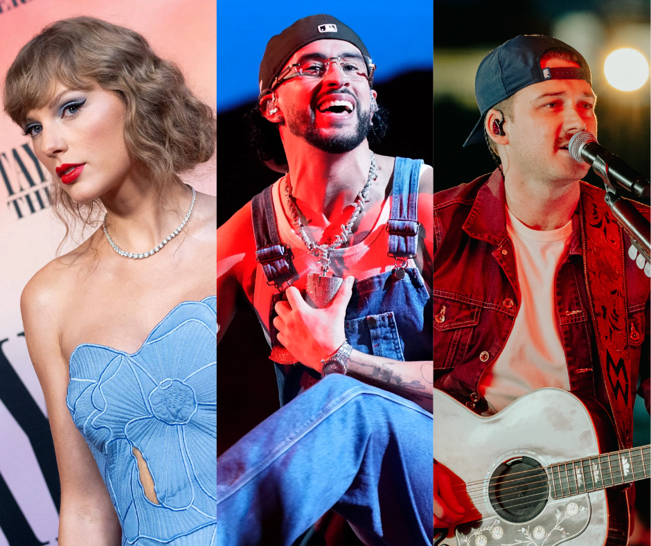 Taylor Swift (left) was named Spotify's top artist in 2023; Bad Bunny's "Un Verano Sin Ti" was the most-streamed album of the year globally and Morgan Wallen (right) had the most-streamed song ("Last Night") and album ("One Thing At A Time") in the U.S.