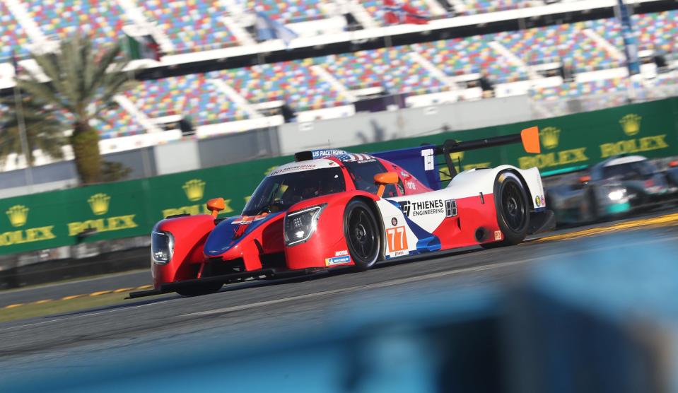 Driver Brian Thienes, in the No. 77 Ligier JS P320, works through the east horseshoe, Saturday, Jan. 20, 2024, during qualifying at the Roar Before the 24 at Daytona International Speedway. The Rolex events are generating sold-out rooms for Daytona Beach-area hoteliers.