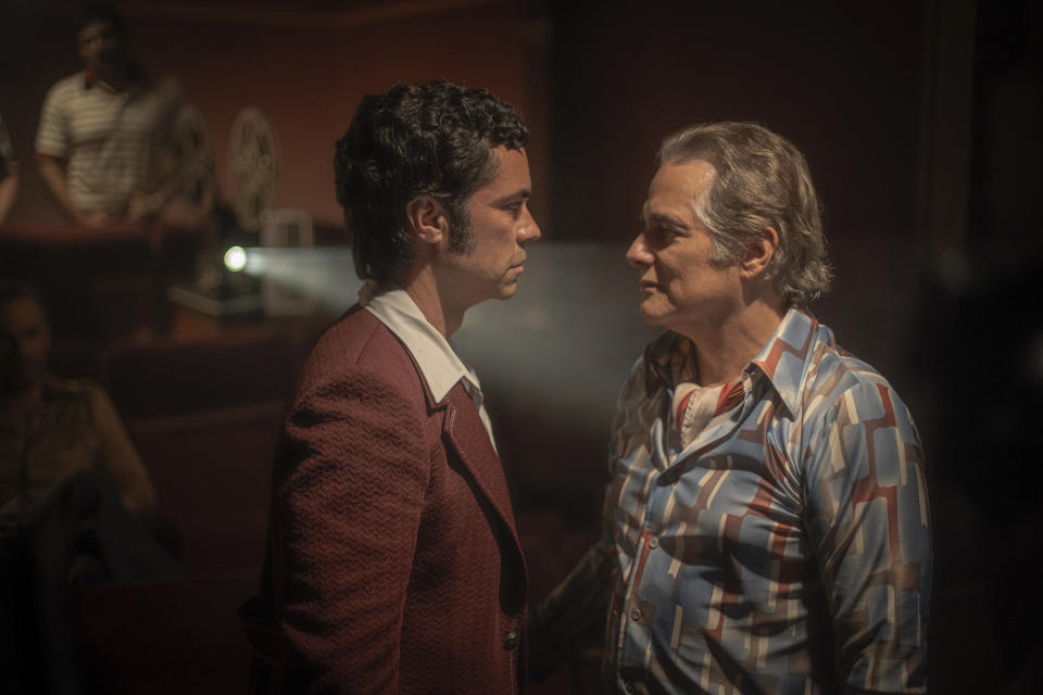 This image released by MGM+ shows Danny Pino, left, and Yul Vazquez in a scene from "Hotel Cocaine." (Carlos Rodriguez/MGM+ via AP)