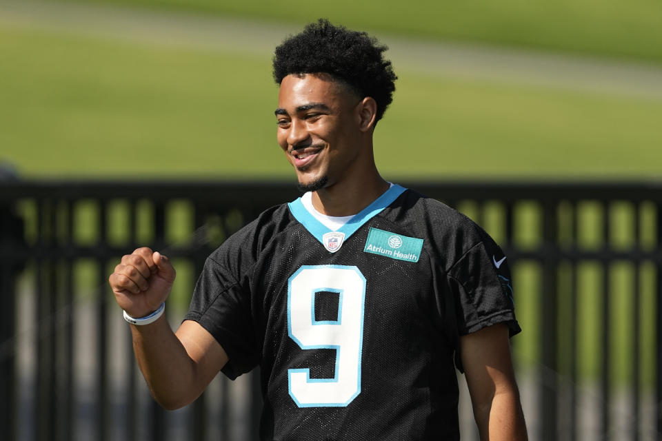 Carolina Panthers quarterback Bryce Young arrives at the NFL football team's training camp on Wednesday, July 26, 2023, in Spartanburg, S.C. (AP Photo/Chris Carlson)