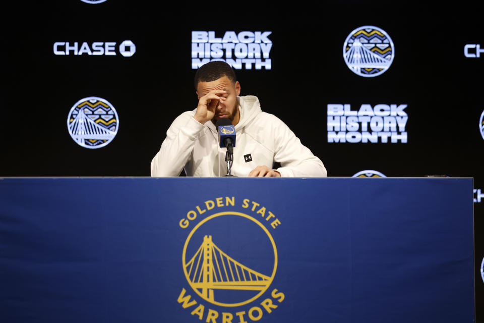 Golden State Warriors' Stephen Curry speaks at a news conference before an NBA basketball game against the Washington Wizards in San Francisco, Monday, Feb. 13, 2023. (AP Photo/Jed Jacobsohn)