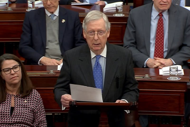 U.S. Senate Majority Leader Mitch McConnell speaks during impeachment trial at the U.S. Capitol in Washington