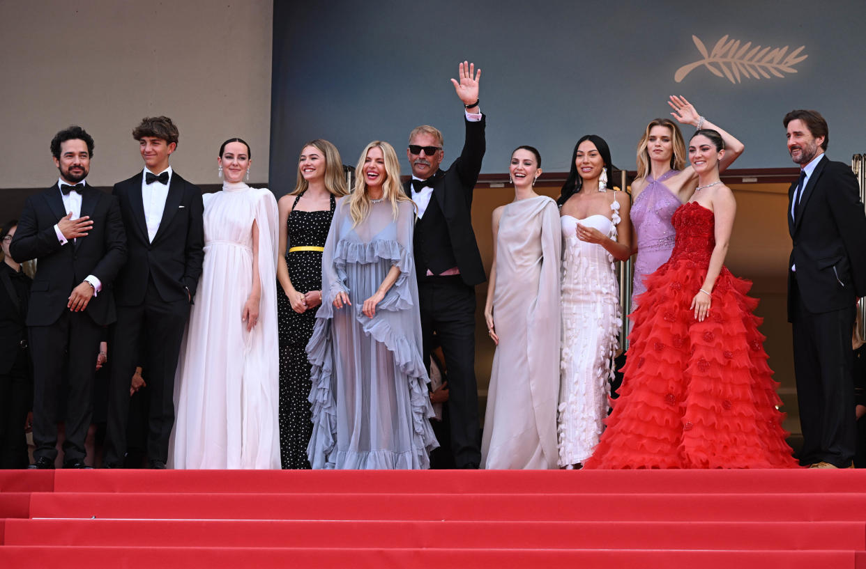 (left tor right) Alejandro Edda, Hayes Costner, Jena Malone, Georgia MacPhail, Sienna Miller, Kevin Costner, Ella Hunt, Wase Chief, Abbey Lee Kershaw, Isabelle Fuhrman and Luke Wilson attend the Horizon: An American Saga premiere during the 77th Cannes Film Festival in Cannes, France. Picture date: Sunday May 19, 2024. (Photo by Doug Peters/PA Images via Getty Images)