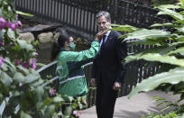 Secretary of State Antony Blinken speaks with Biologist Lina Fuentes as he visits the Jose Celestino Mutis botanical garden in Bogota, Colombia, Thursday, Oct. 21, 2021. (Luisa Gonzalez/Pool via AP)