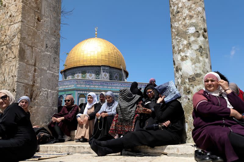 Palestinians gather on the fourth Friday of the holy month of Ramadan on Al-Aqsa compound, also known to Jews as Temple Mount, in Jerusalem's Old City