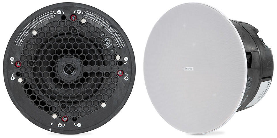 The Extron ceiling speakers in black and white.