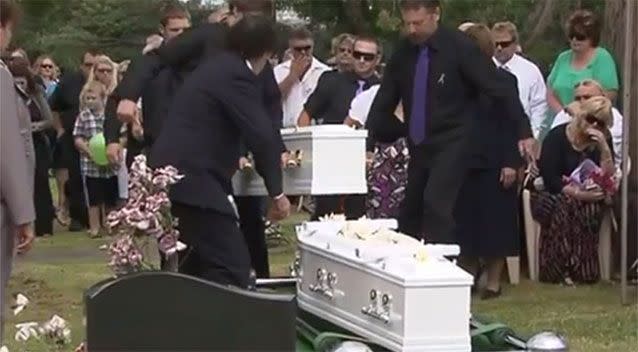 The coffins of Donna Rice and her 13-year-old son Jordan were laid to rest after they were swept away during the southeast Queensland's flash floods in 2011. Picture: 7 News