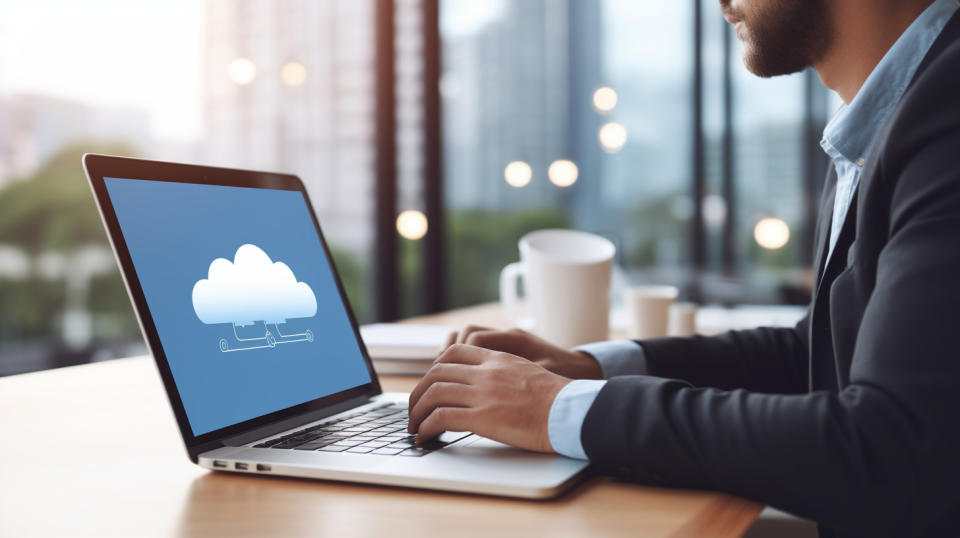 A close-up of a person using a laptop with cloud solutions in the background.