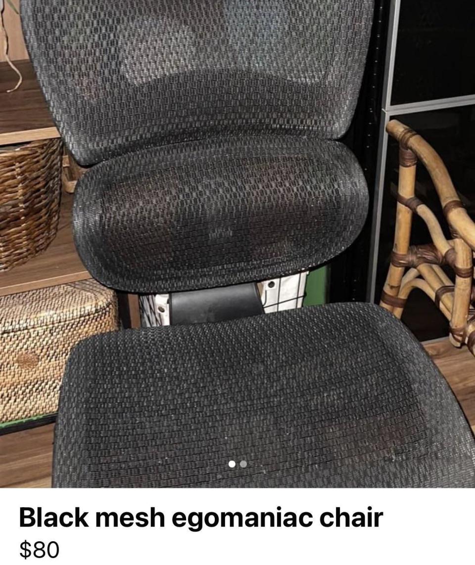 Facebook Marketplace ad reading "black mesh egomaniac" chair instead of "ergonomic"