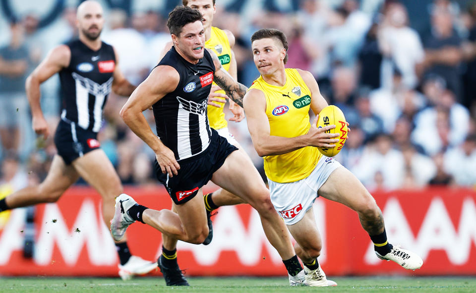 Liam Baker and Jack Crisp, pictured here during Richmond's clash with Collingwood. 