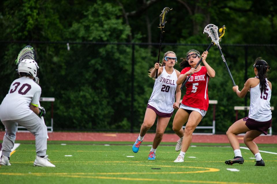 Red Hook's Jordan Lee shoots during the Section 9 Class D girls lacrosse championship game at O'Neill High School in Highland Falls, NY on Thursday, May 26, 2022. O'Neill defeated Red Hook 19-7. KELLY MARSH/FOR THE TIMES HERALD-RECORD