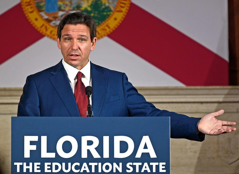 Gov. Ron DeSantis talks during his bill signing ceremony of new legislation impacting the state's colleges and universities on Monday, May 15th, 2023, held at Sarasota's New College of Florida.