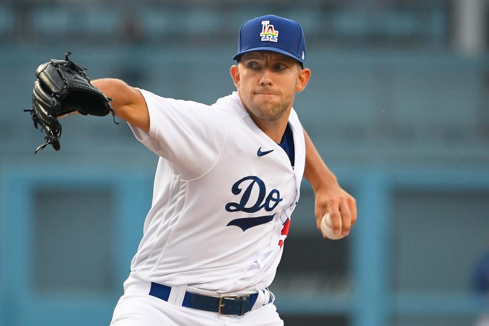 Los Angeles Dodgers starting pitcher Tyler Anderson throws to a New York Mets batter during the first inning of a baseball game Friday, June 3, 2022, in Los Angeles.