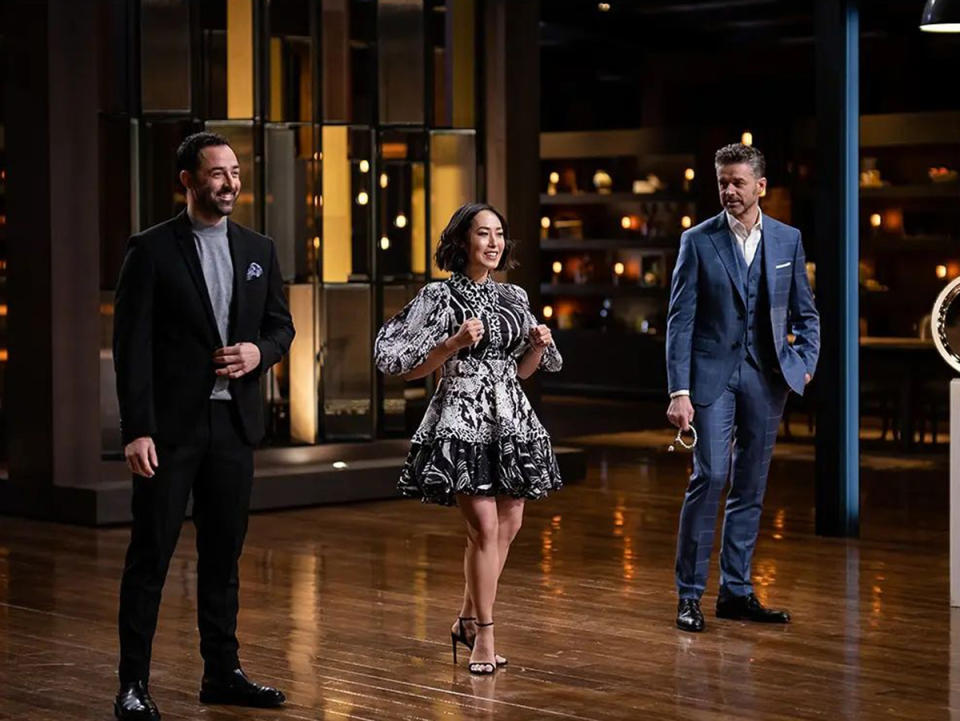 Andy Allen, Melissa Leong and Jock Zonfrillo on Celebrity MasterChef Australia 2021. Photo: Channel 10.