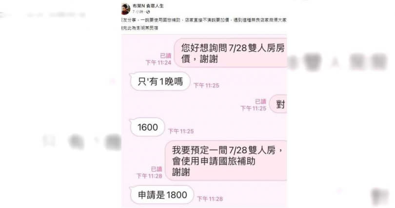 民宿業者一聽到旅客要使用國旅補助後，竟直接漲價200元。（圖／翻攝布萊N 食宿人生臉書）