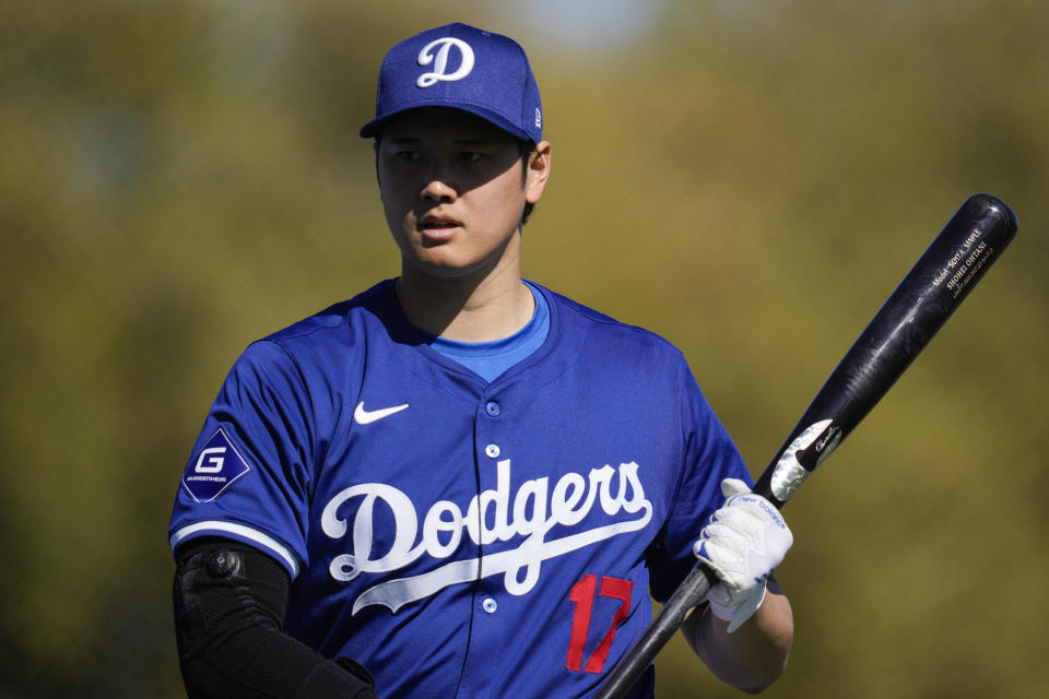Los Angeles Dodgers designated hitter Shohei Ohtani makes his Dodgers debut in spring training. (AP Photo/Ashley Landis)