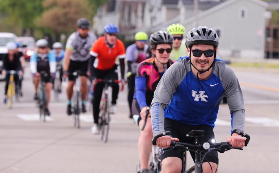 Cyclists made their way down S. 3rd Street during the PNC Tour de Lou in Louisville, Ky. on Apr. 18, 2021.  