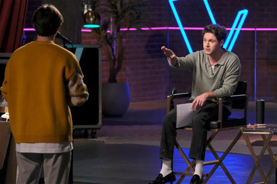 "The Voice" celebrity coach Niall Horan talks with Montgomery native Ryley Tate Wilson during rehearsal.