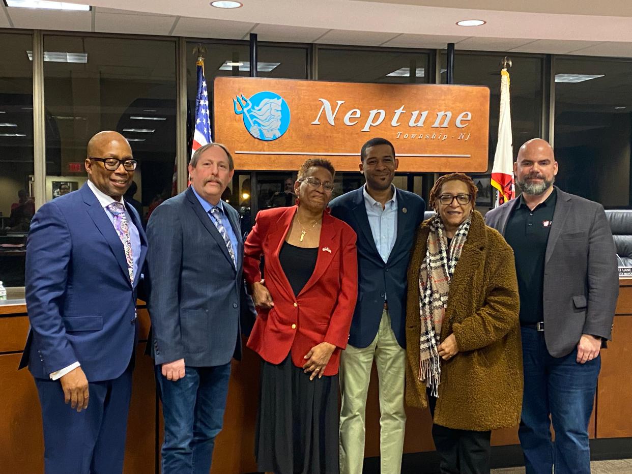 The Township Committee has an African-American majority for the first time in Neptune history. From left to right; Kevin McMillan, Deputy Mayor Robert Lane, Mayor Tassie York, Derel Stroud and his mother, and Keith Cafferty at the township committee meeting on Feb.12, 2024.