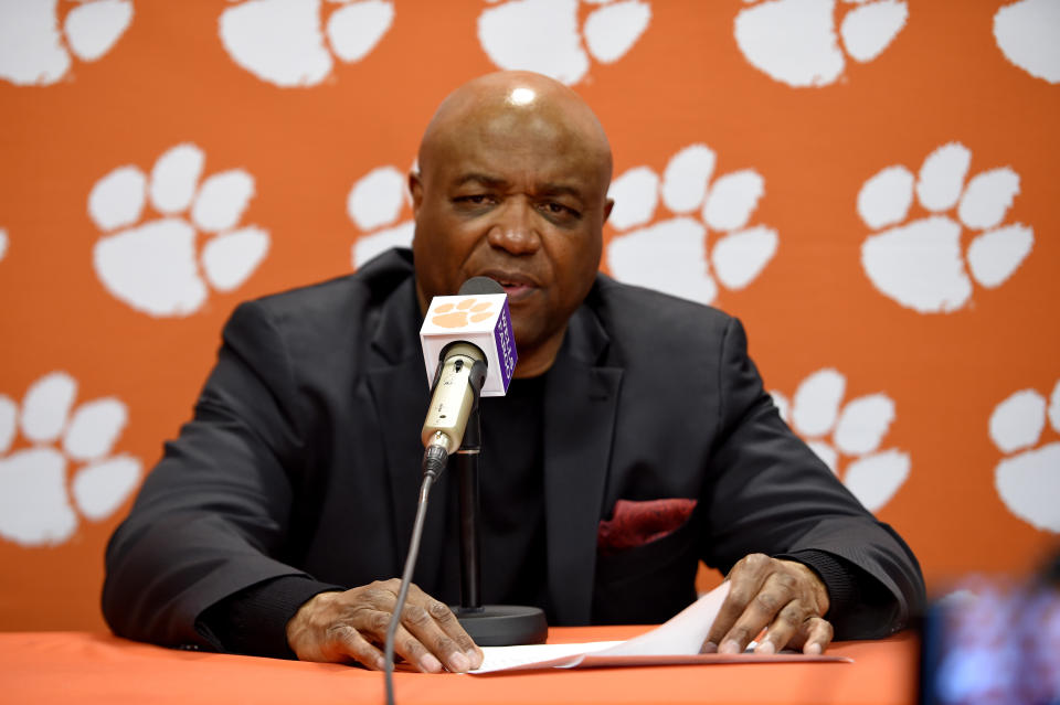 Florida State head coach Leonard Hamilton speaks to the media after an NCAA college basketball game against Clemson Saturday, Feb. 29, 2020, in Clemson, S.C. Clemson won 70-69. (AP Photo/Richard Shiro)