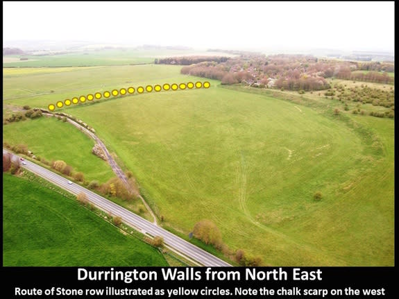 A view of Durrington Walls, with the relative position of the newfound stones represented as yellow dots..