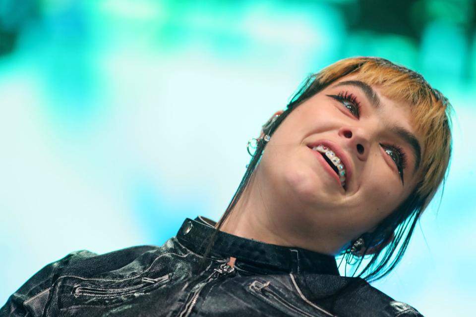 BENEE performs inside the Mojave tent at the Empire Polo Club during the Coachella Valley Music and Arts Festival in Indio, Calif., on Friday, April 14, 2023. 